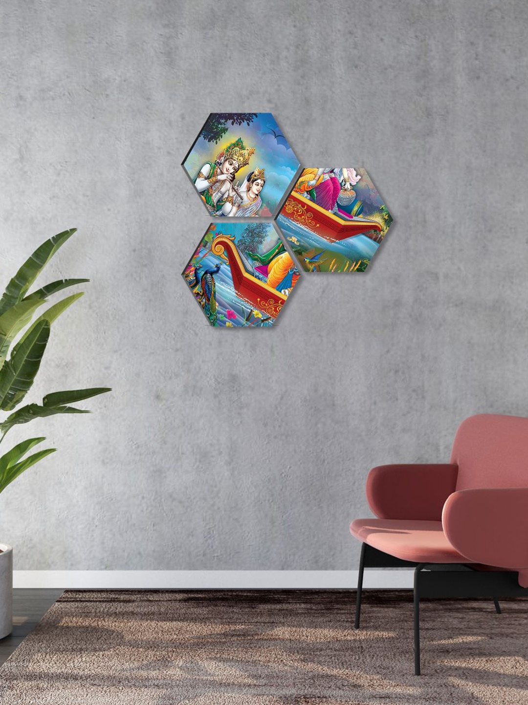 

SAF Blue & Green 3 Pieces Radha Krishna Painted Wall Arts