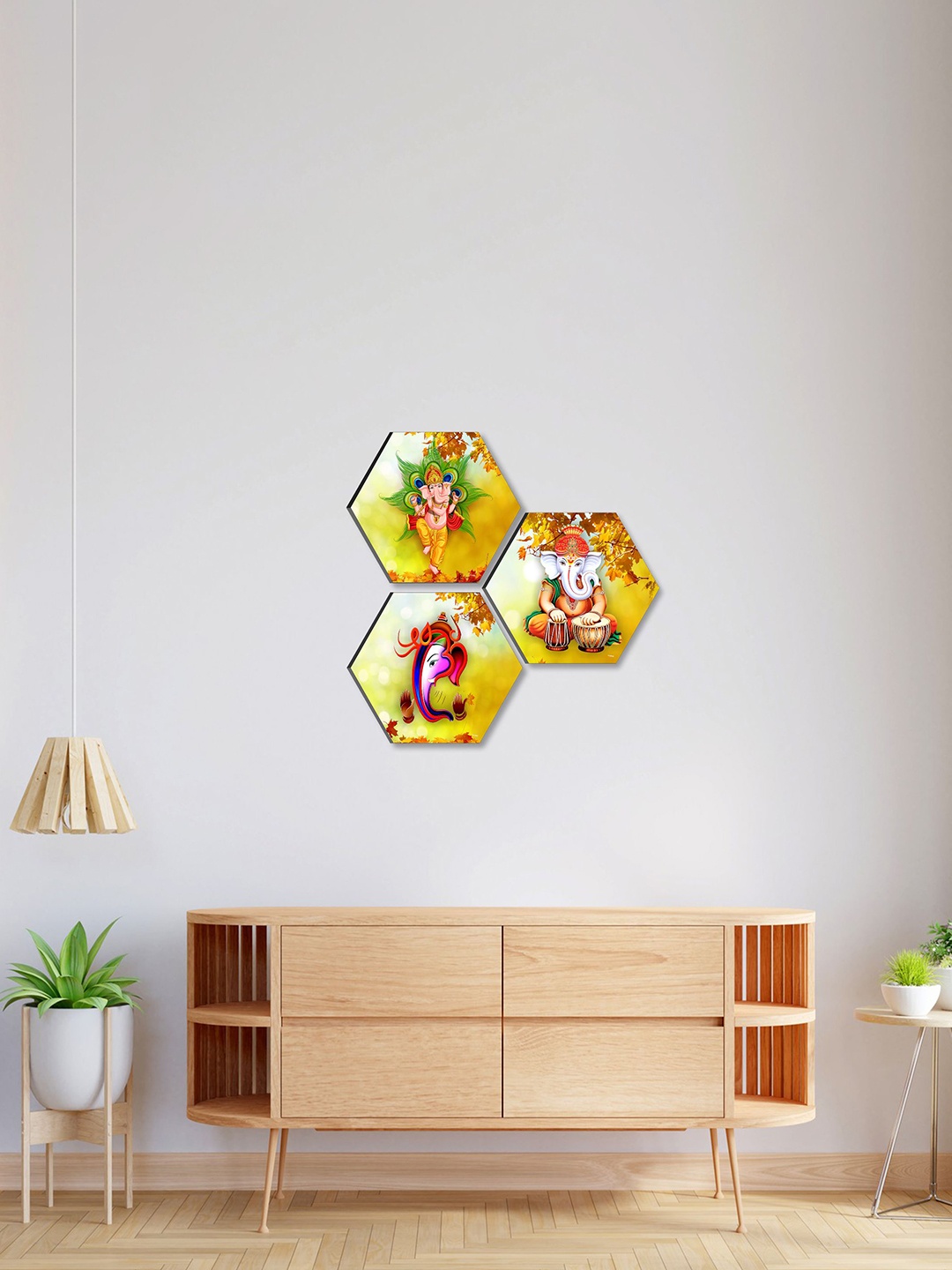 

SAF Green & Red 3 Pieces Lord Ganesha Painting Hexagon UV Textured Wall Art