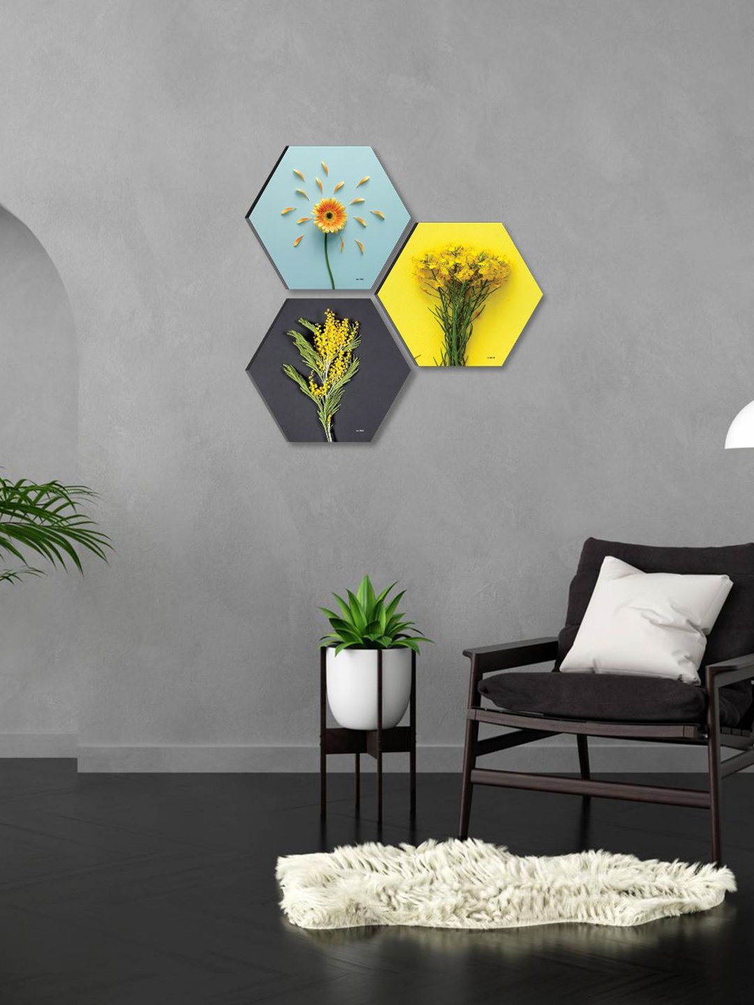 

SAF Yellow & Blue 3 Pieces Pretty Flower Hexagon Painting Framed Wall Art