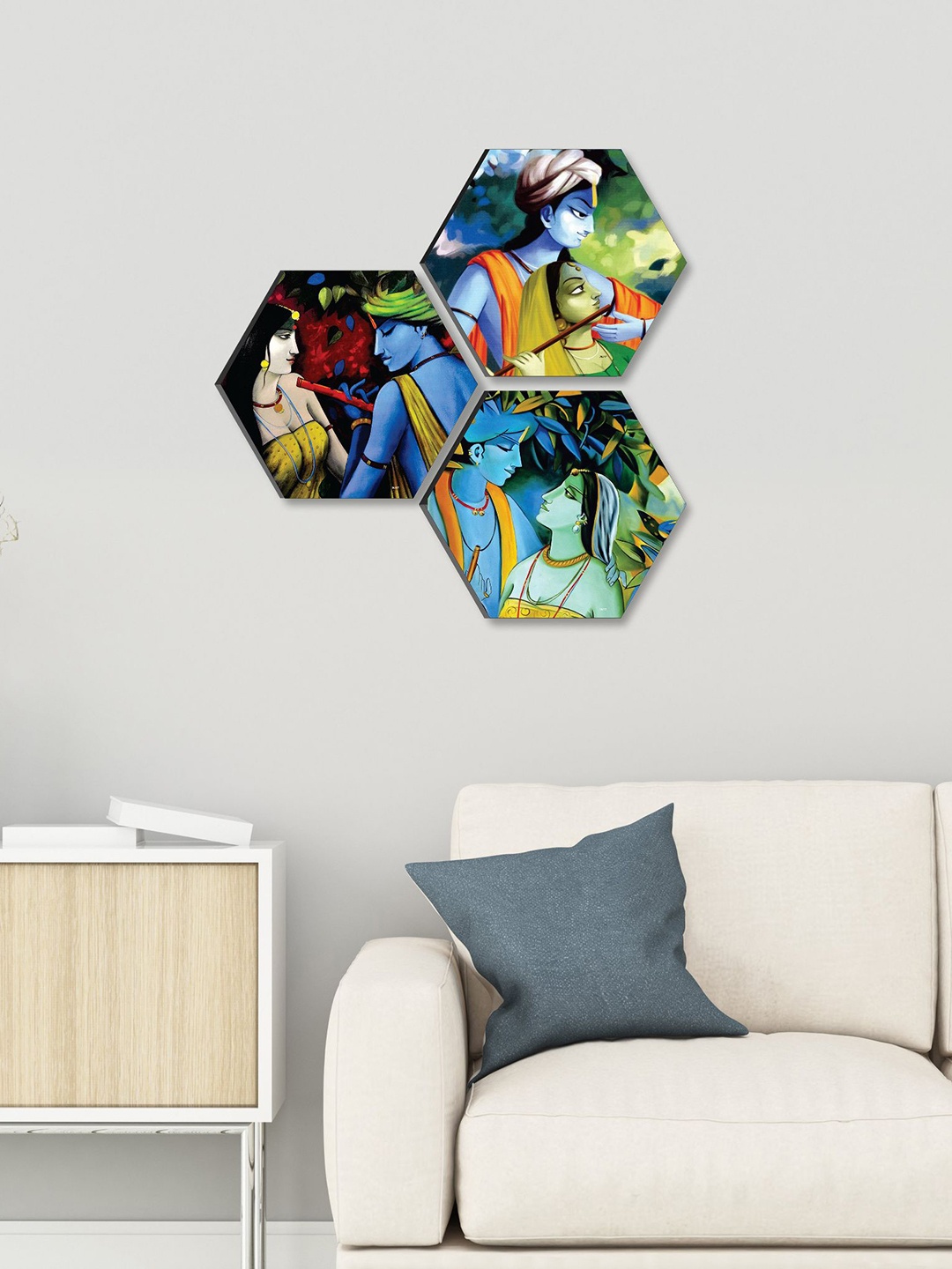 

SAF Blue & Green 3 Pieces Radha Krishna Painting Hexagon-Shaped Wall Art