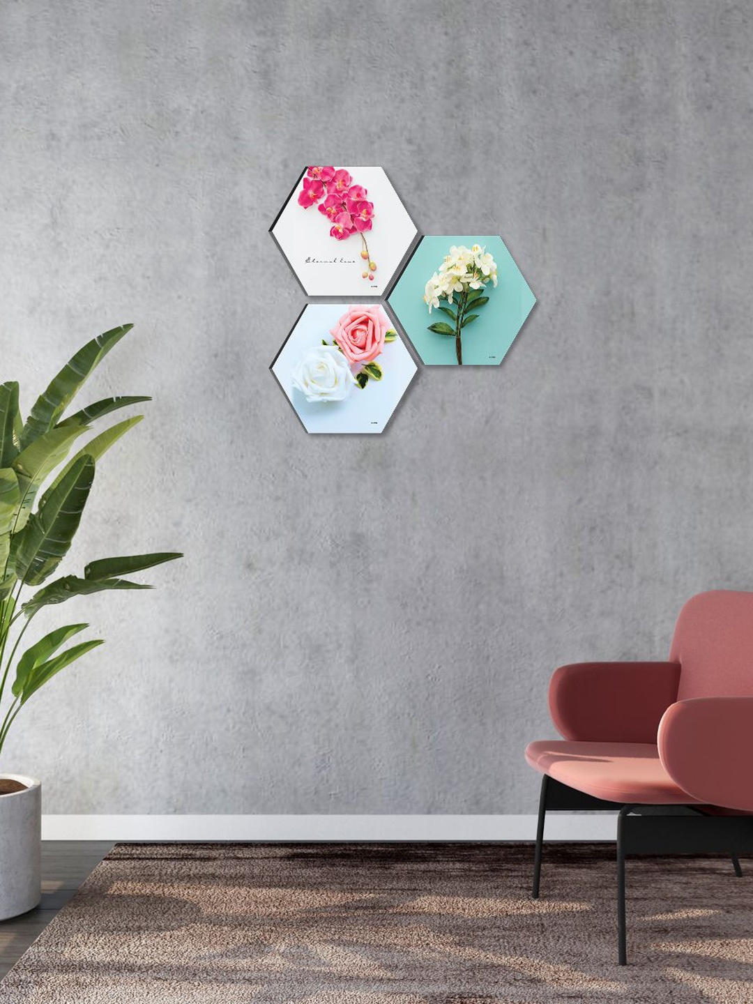 

SAF Blue & Pink 3 Pieces Flower Painting Hexagon-Shaped Wall Art