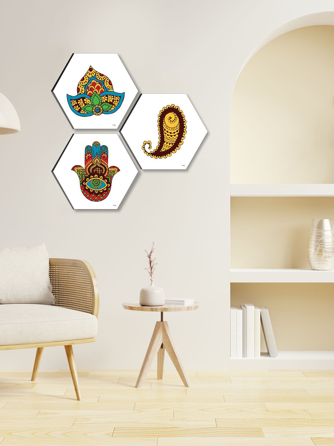 

SAF White & Yellow 3 Pieces Traditional Painting Hexagon UV Textured Wall Art