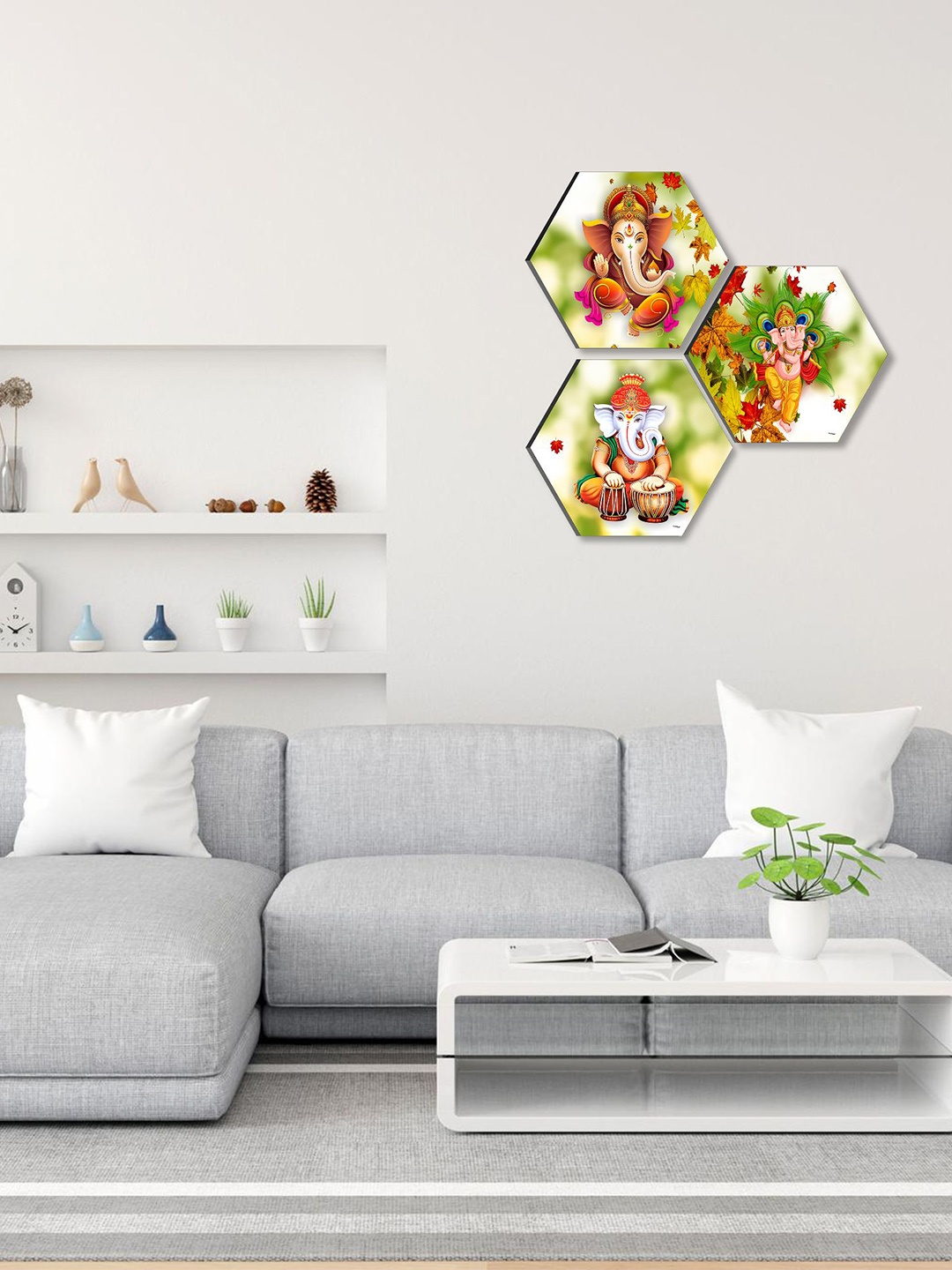 

SAF Green & White 3 Pieces Lord Ganesha Painting Hexagon-Shaped Wall Arts