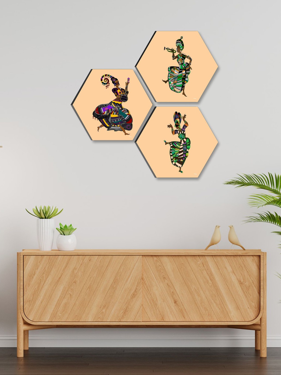 

SAF Beige & Green 3 Pieces Trible Painting Hexagon UV Textured Wall Arts