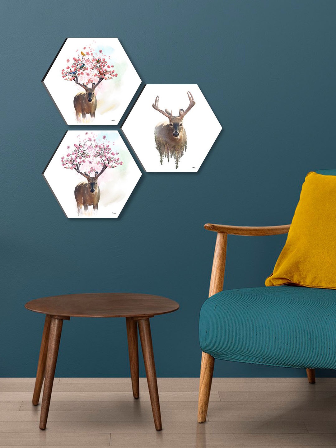 

SAF White & Brown 3 Pieces Animal Painting Hexagon UV Textured Wall Arts