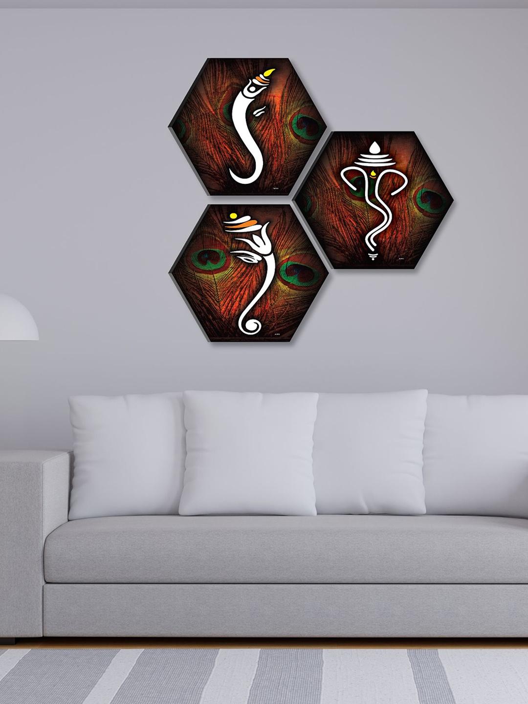 

SAF Brown & White 3 Pieces Lord Ganesha Painting Hexagon UV Textured Wall Arts