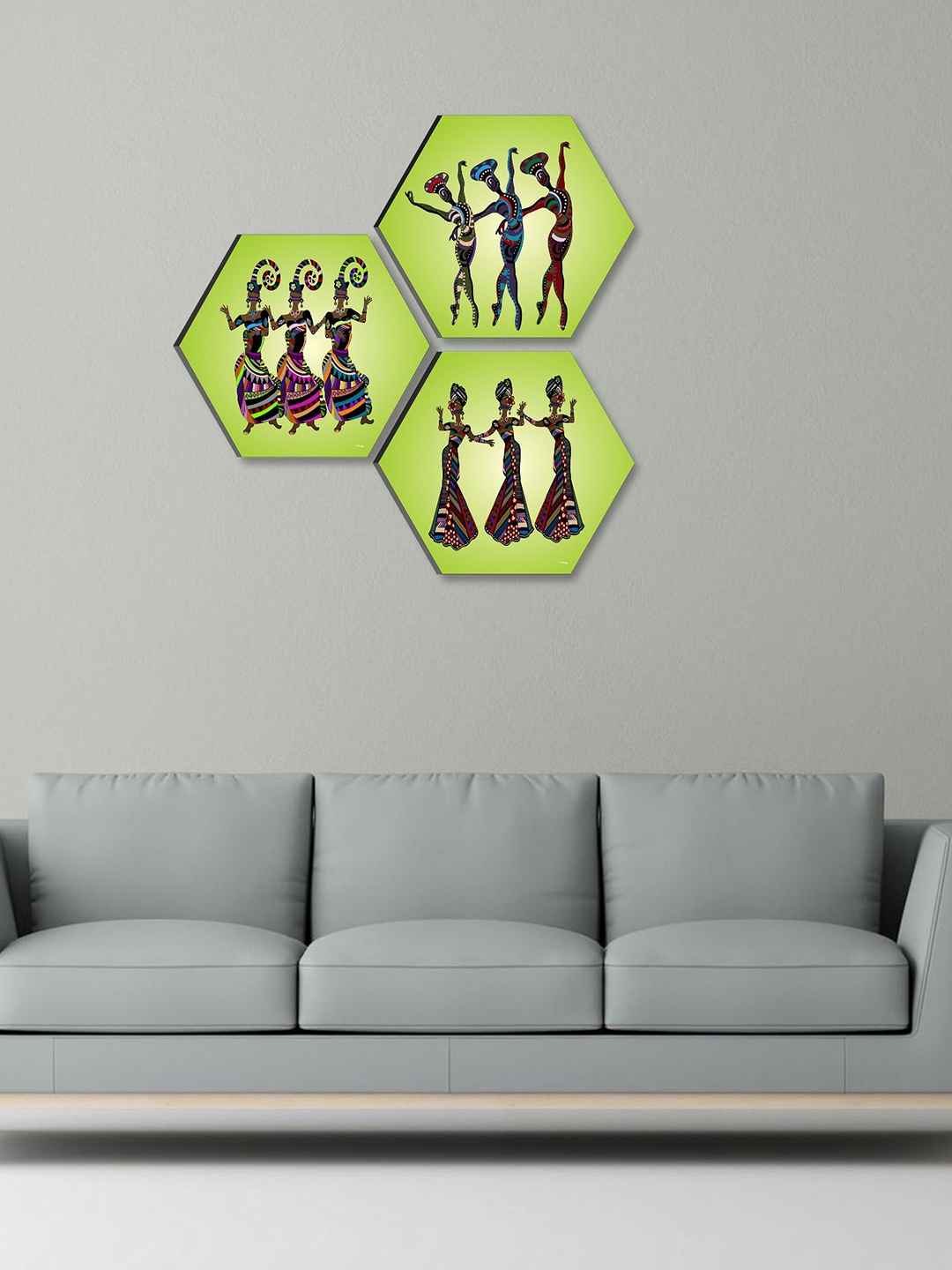 

SAF Green 3 Pieces Tribal Painting Hexagon UV Textured Wall Arts
