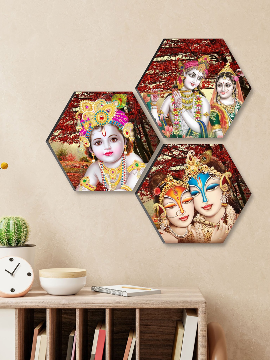 

SAF Red & White 3 Pieces Radha Krishna Painting Hexagon UV Textured Wall Arts