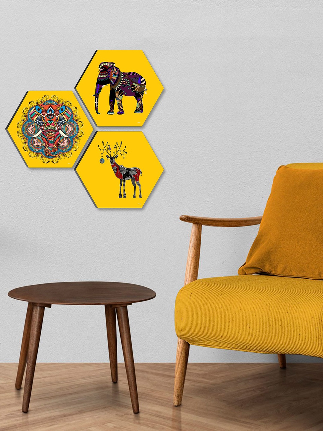 

SAF Yellow & Black 3 Pieces Traditional Elephant Painting Hexagon UV Textured Wall Arts