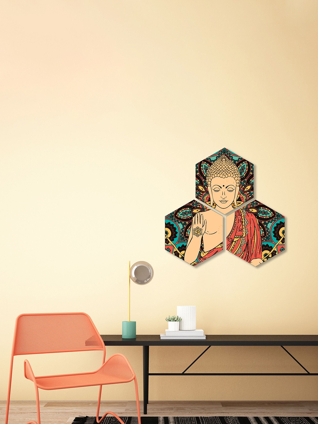 

SAF Orange & Beige 3 Pieces Lord Buddha Painting Hexagon UV Textured Wall Arts