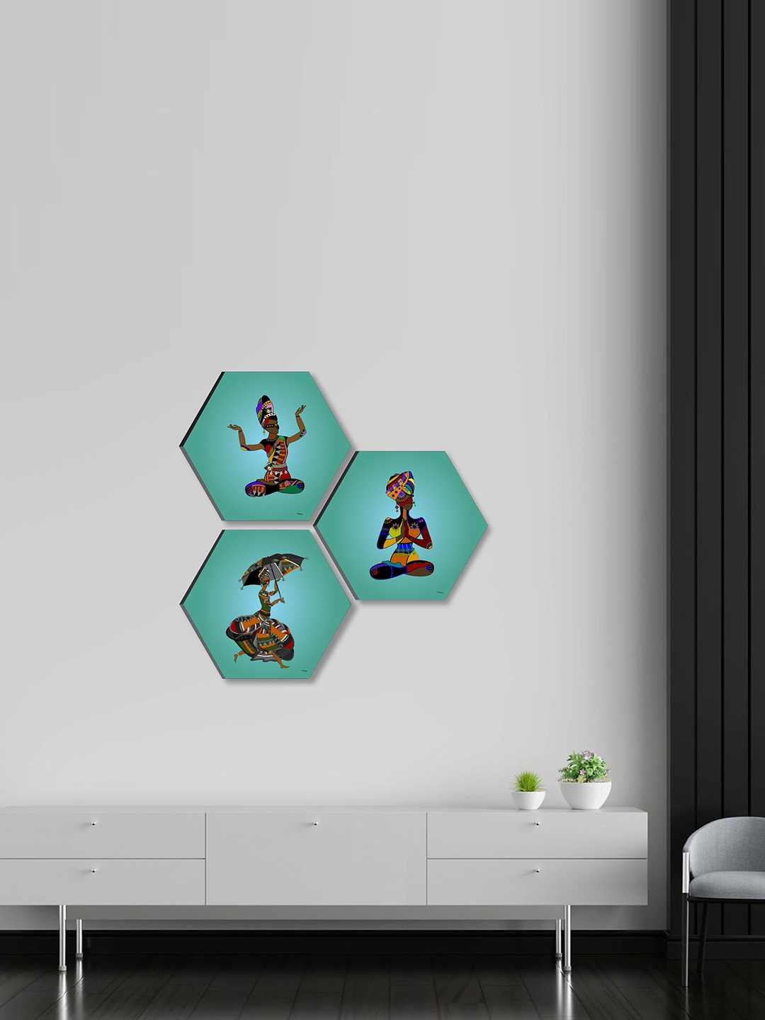 

SAF Turquoise Blue & Black 3 Pieces Tribal Painting Hexagon UV Textured Wall Arts