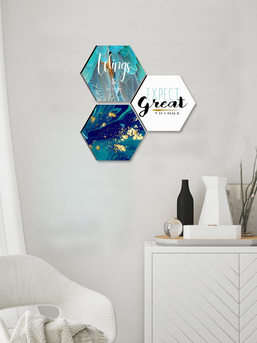 

SAF Blue & White 3 Pieces Motivational Quotes Painting Hexagon UV Textured Wall Arts