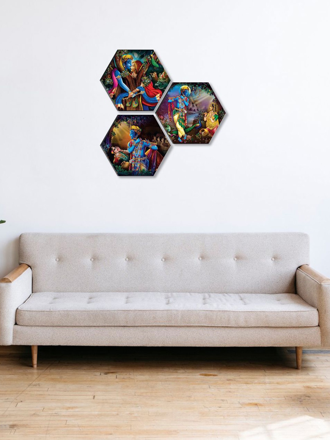 

SAF Yellow 3 Pieces Radha Krishna Painting Hexagon UV Textured Wall Arts