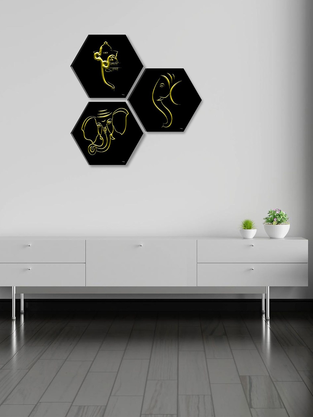 

SAF Black & Gold Toned 3 Pieces Lord Ganesha Painting Hexagon UV Textured Wall Arts