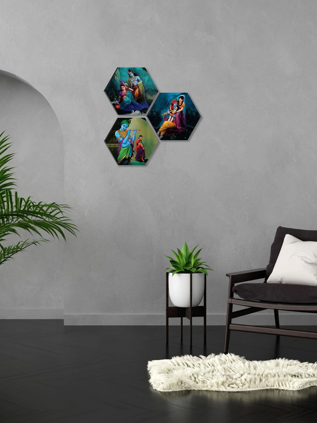 

SAF Blue & Green 3 Pieces Radha Krishna Painting Hexagon UV Textured Wall Arts