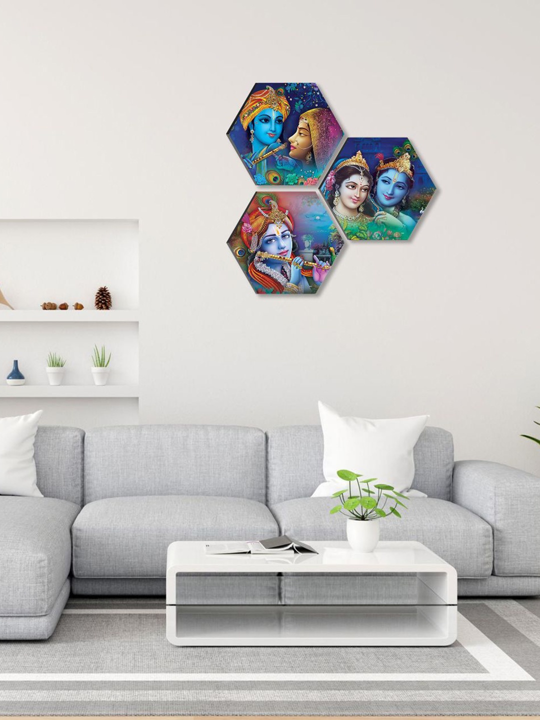 

SAF Blue & Green 3 Pieces Radha Krishna Painting Hexagon UV Textured Wall Arts