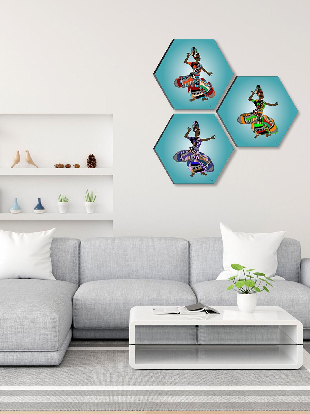 

SAF Blue & Brown 3 Pieces Tribal Painting Hexagon UV Textured Wall Arts