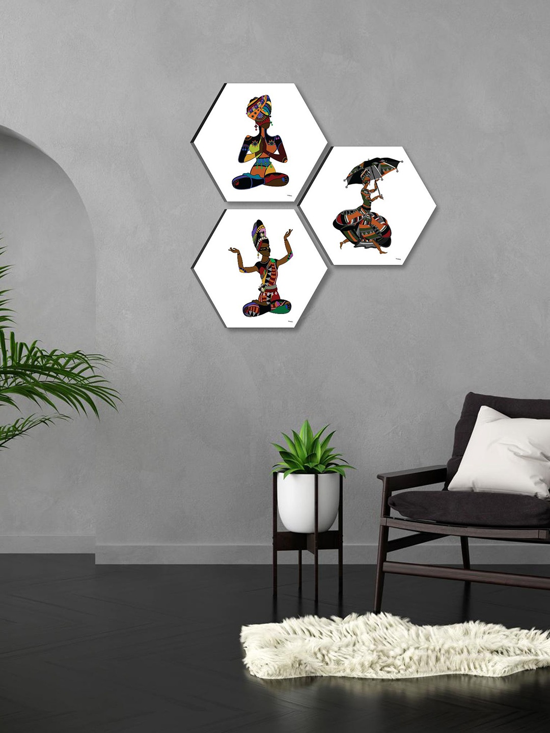 

SAF White & Black 3 Pieces Tribal Painting Hexagon UV Textured Wall Arts