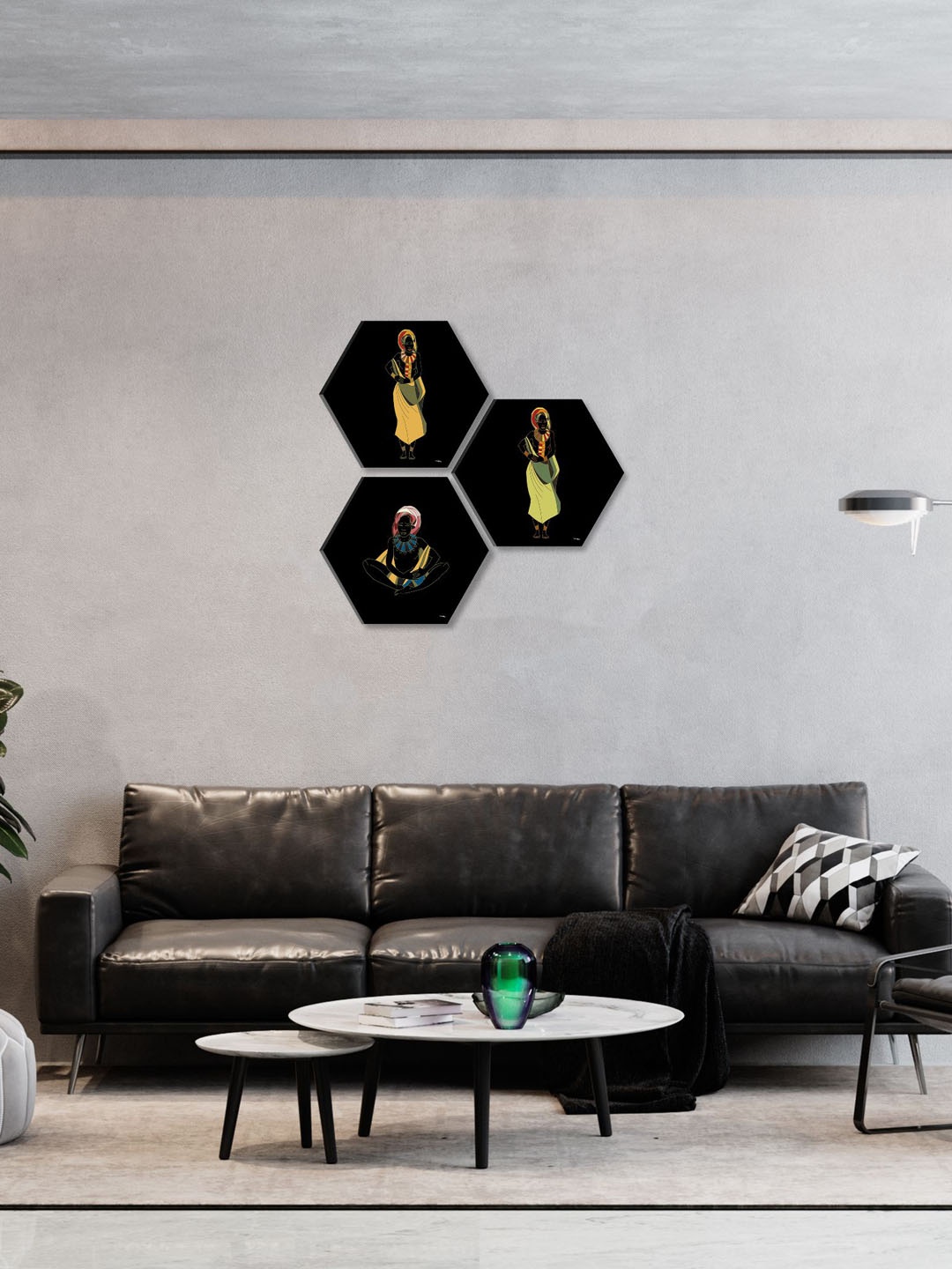 

SAF Black & Yellow 3 Pieces Radha Krishna Painting Hexagon UV Textured Wall Arts
