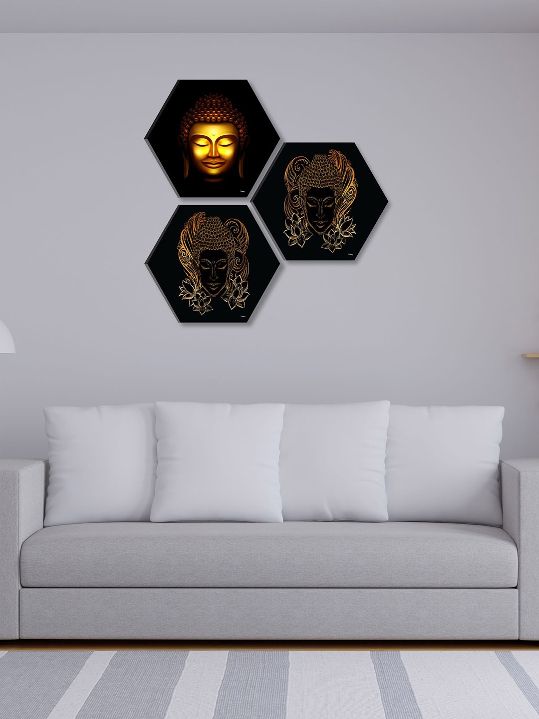 

SAF Black & yellow 3 Pieces Lord Buddha Painting Hexagon UV Textured Wall Arts