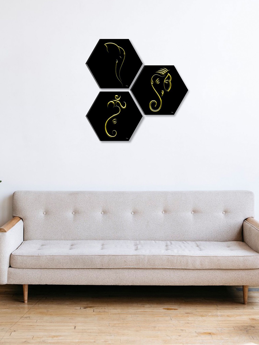 

SAF Black & Yellow 3 Pieces Lord Ganesha Painting Hexagon UV Textured Wall Arts