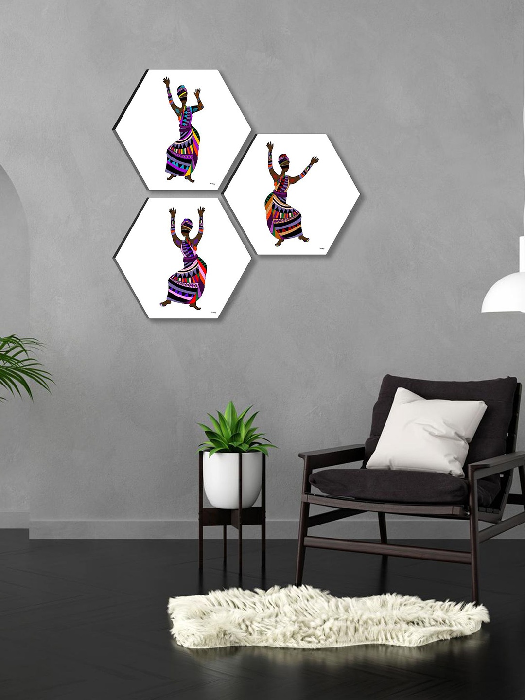 

SAF White 3 Pieces Painting Hexagon UV Textured Wall Arts