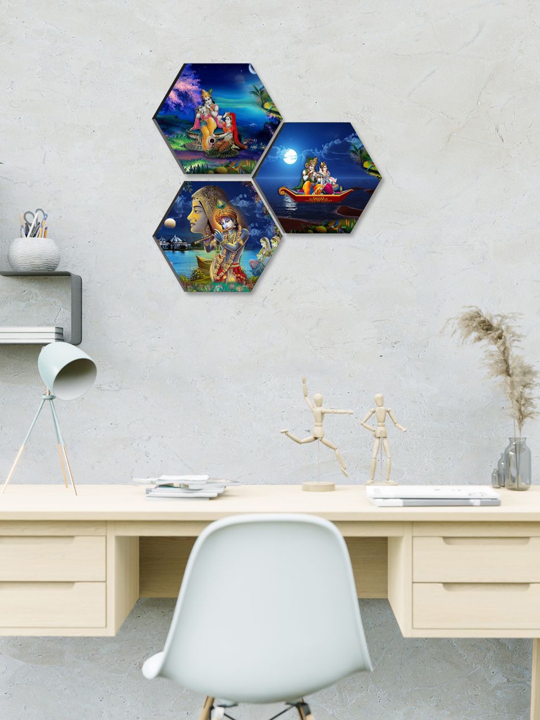 

SAF 3 Pieces Blue & Green Radha Krishna Painting Hexagon UV Textured Wall Arts