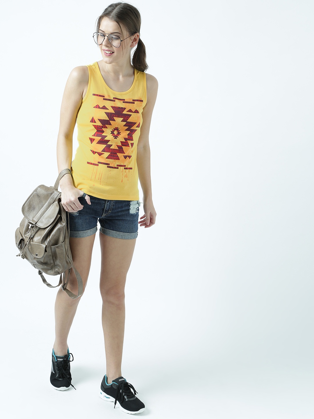 

Huetrap Women Yellow Printed Tank Pure Cotton Top