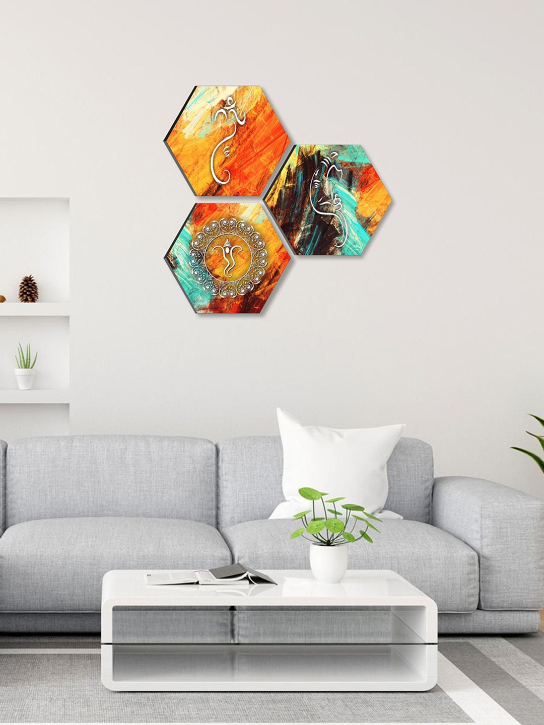 

SAF Orange-Colored & Blue 3 Pieces Lord Ganesha Painting Hexagon UV Textured Wall Arts