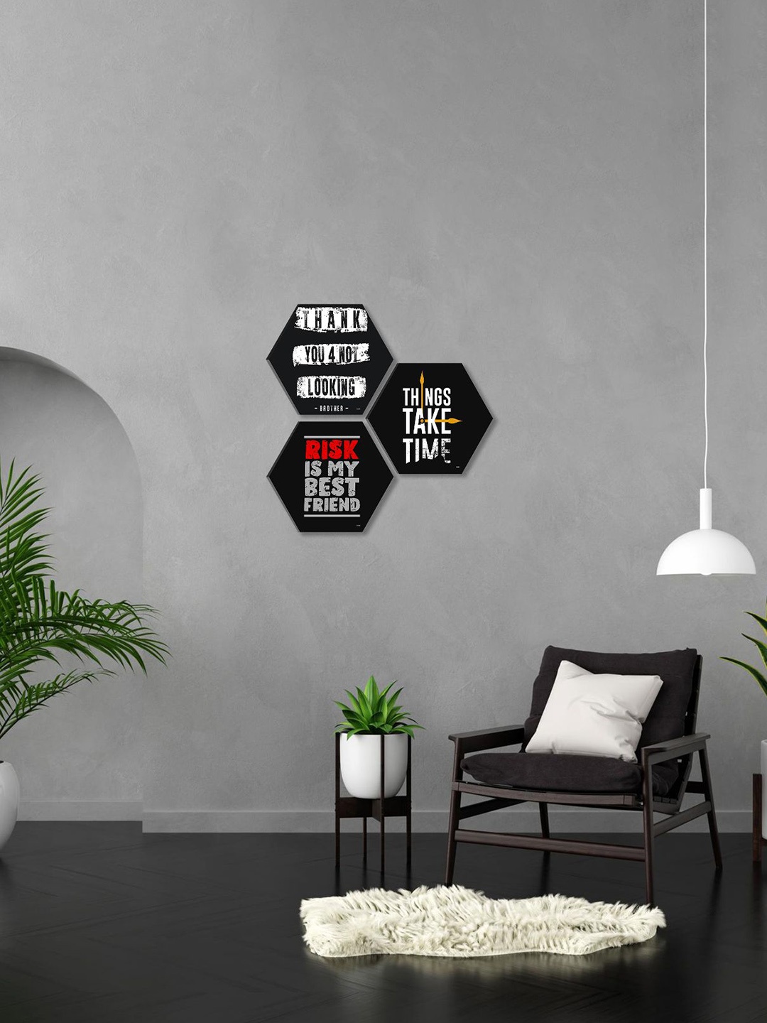 

SAF Black & White 3 Pieces Motivational Quotes Painting Hexagon UV Textured Wall Arts