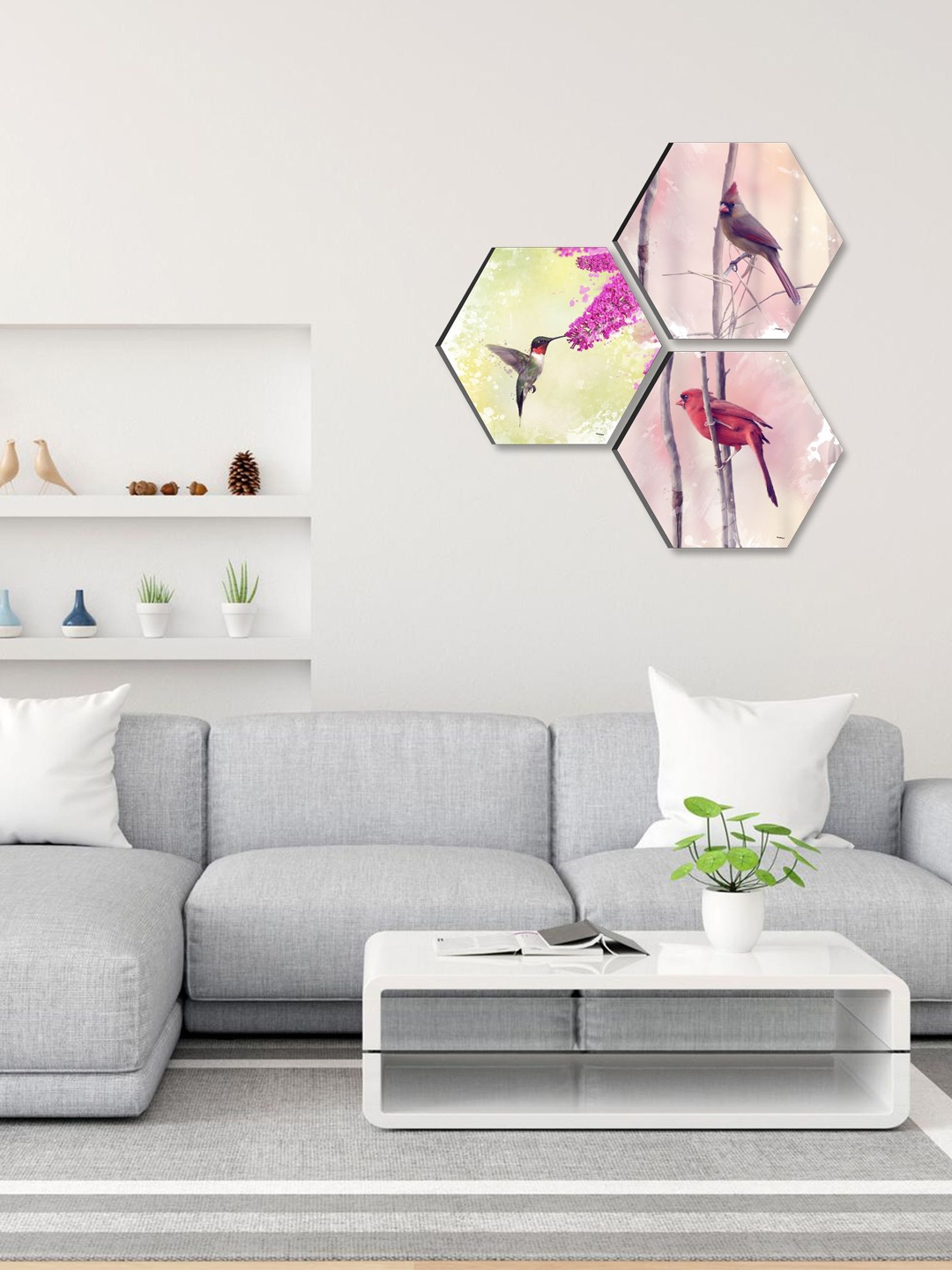 

SAF Pink 3 Pieces Bird Painting Hexagon UV Textured Wall Arts
