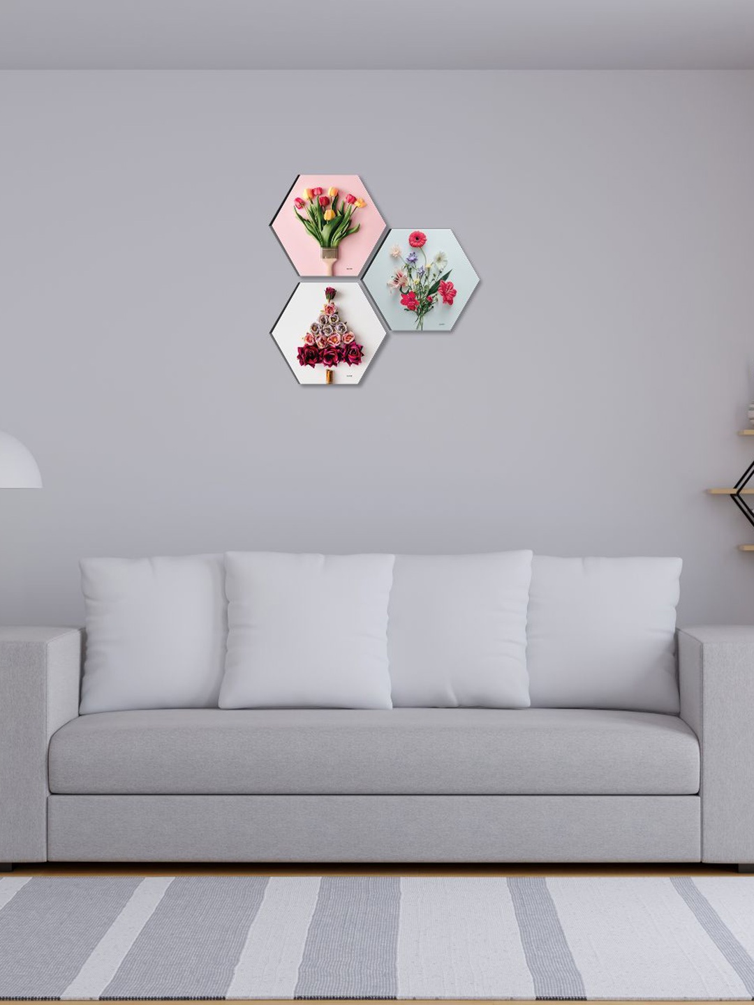 

SAF Pink & White 3 Pieces Flower Painting Hexagon UV Textured Wall Arts