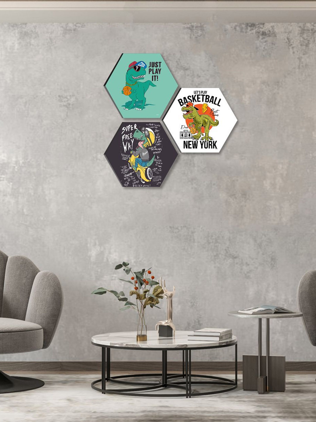

SAF Sea Green & White 3 Pieces Animals Painting Hexagon UV Textured Wall Arts