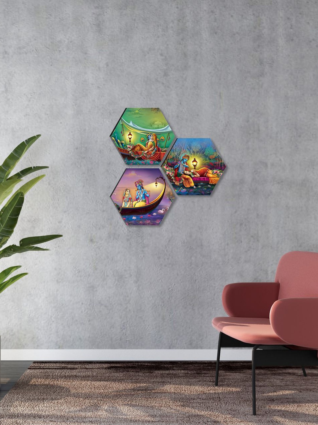 

SAF Blue & Green 3 Pieces Radha Krishna Painting Hexagon UV Textured Wall Arts