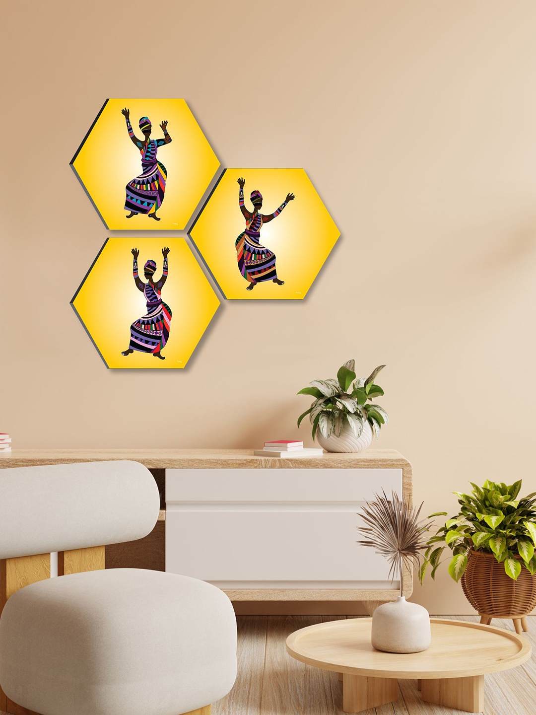 

SAF Yellow & Purple 3 Pieces Tribal Painting Hexagon UV Textured Wall Arts