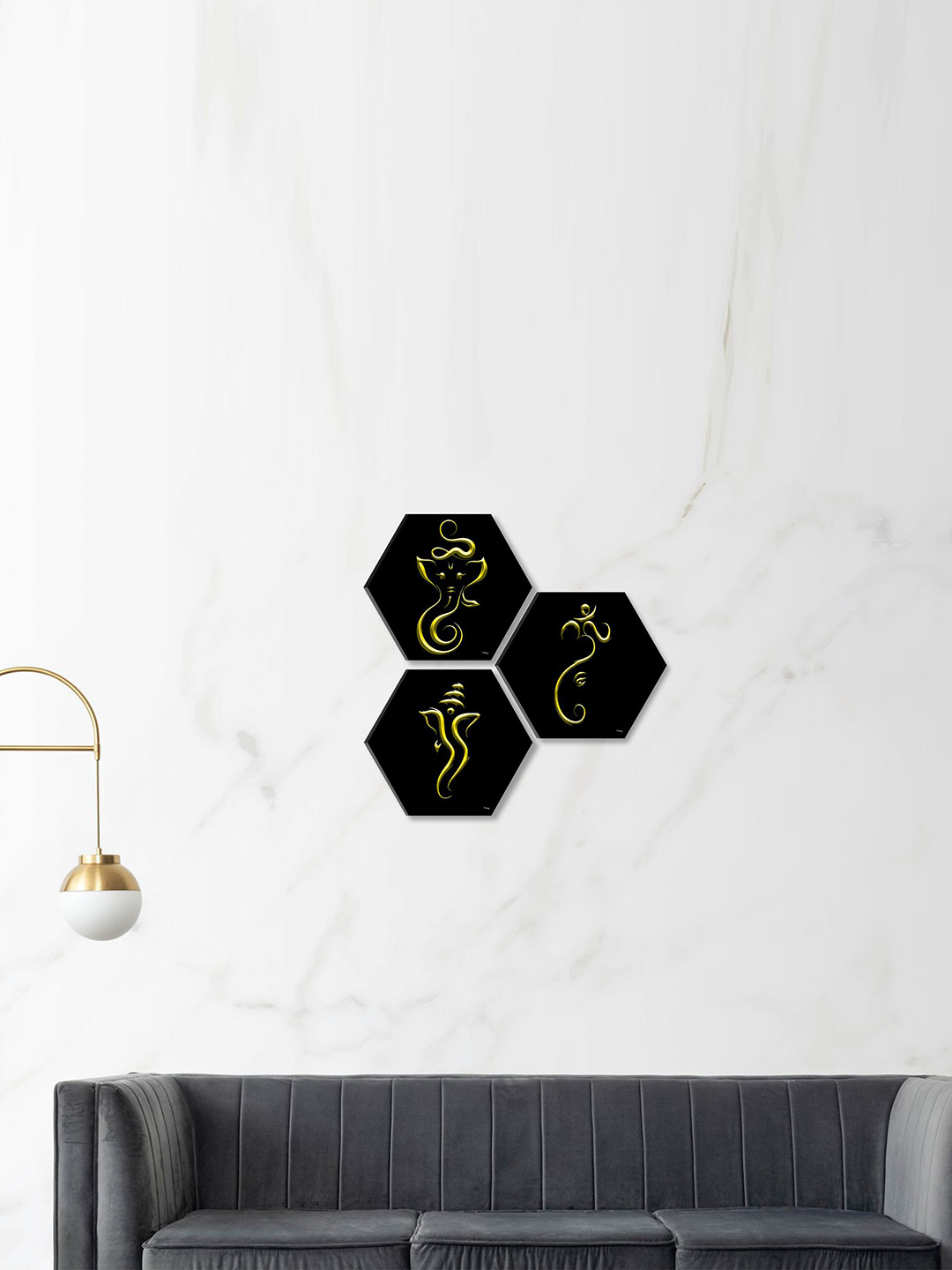 

SAF Black & Yellow 3 Pieces Lord Ganesha Painting Hexagon UV Textured Wall Arts