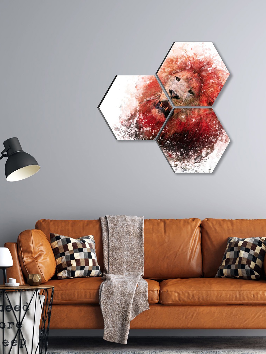 

SAF White & Red 3 Pieces Lion Painting Hexagon UV Textured Wall Arts