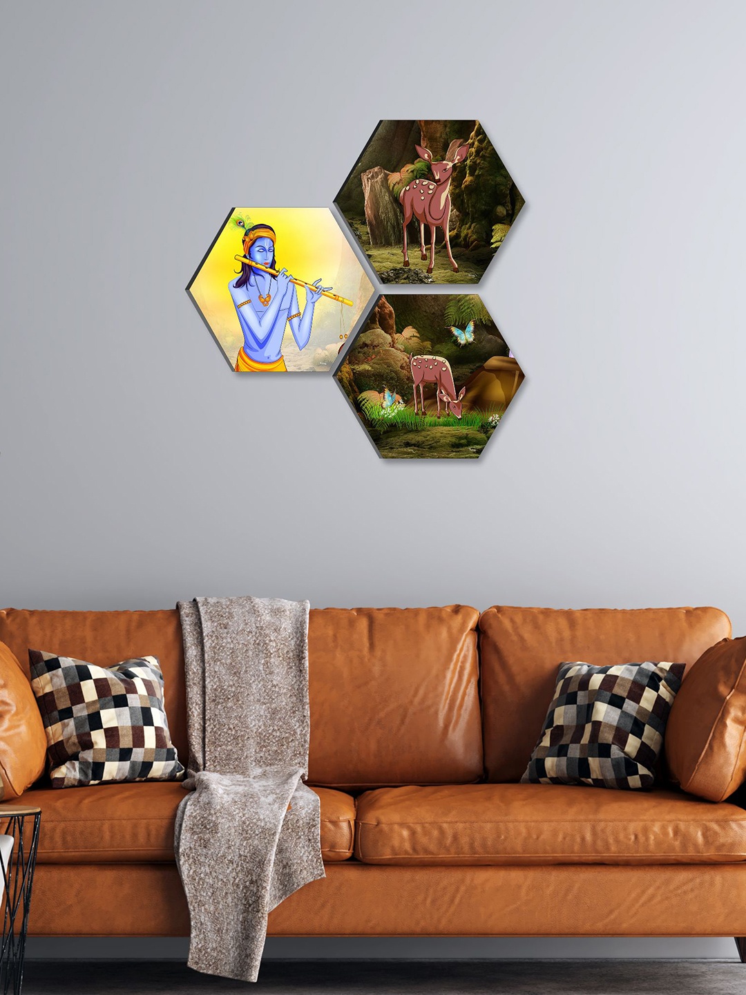 

SAF Blue & Green 3 Pieces Lord Krishna Painting Hexagon UV Textured Wall Arts