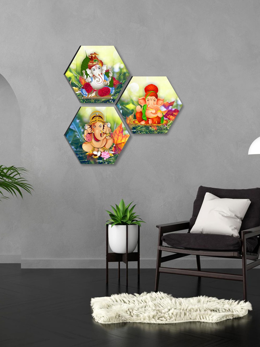 

SAF Green & Orange 3 Pieces Ganesha Painting Hexagon UV Textured Wall Arts