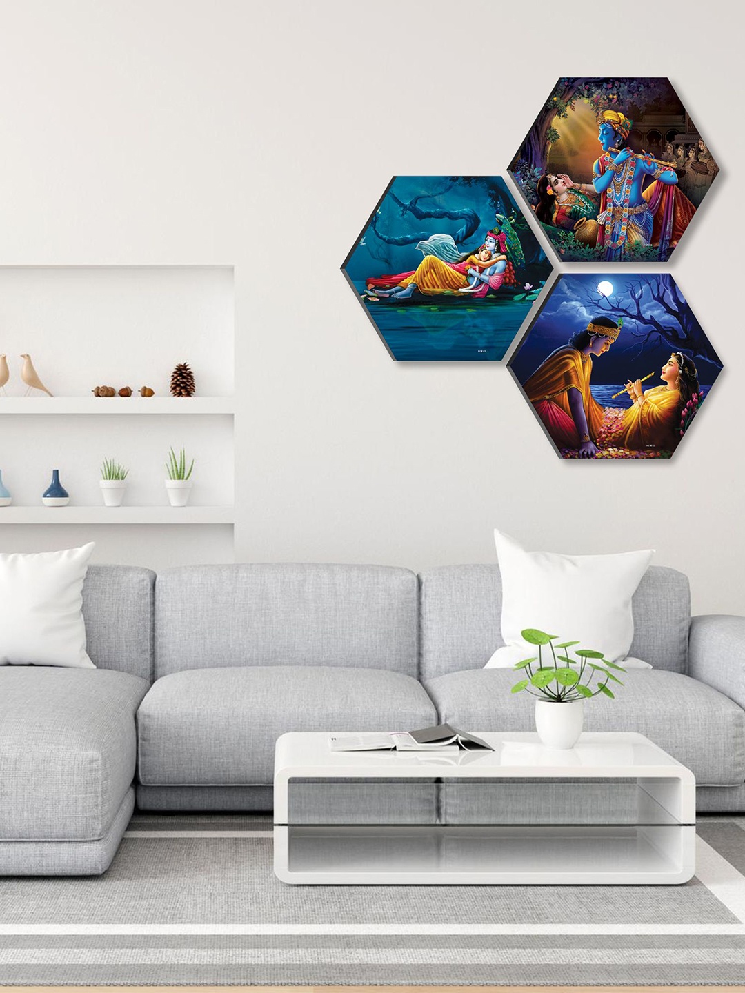 

SAF Blue & Yellow 3 Pieces Radha Krishna Painting Hexagon UV Textured Wall Arts