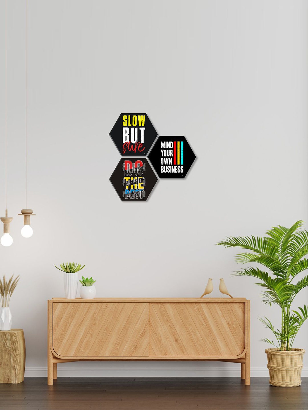 

SAF Black 3 Pieces Motivational Quotes Painting Hexagon UV Textured Wall Arts