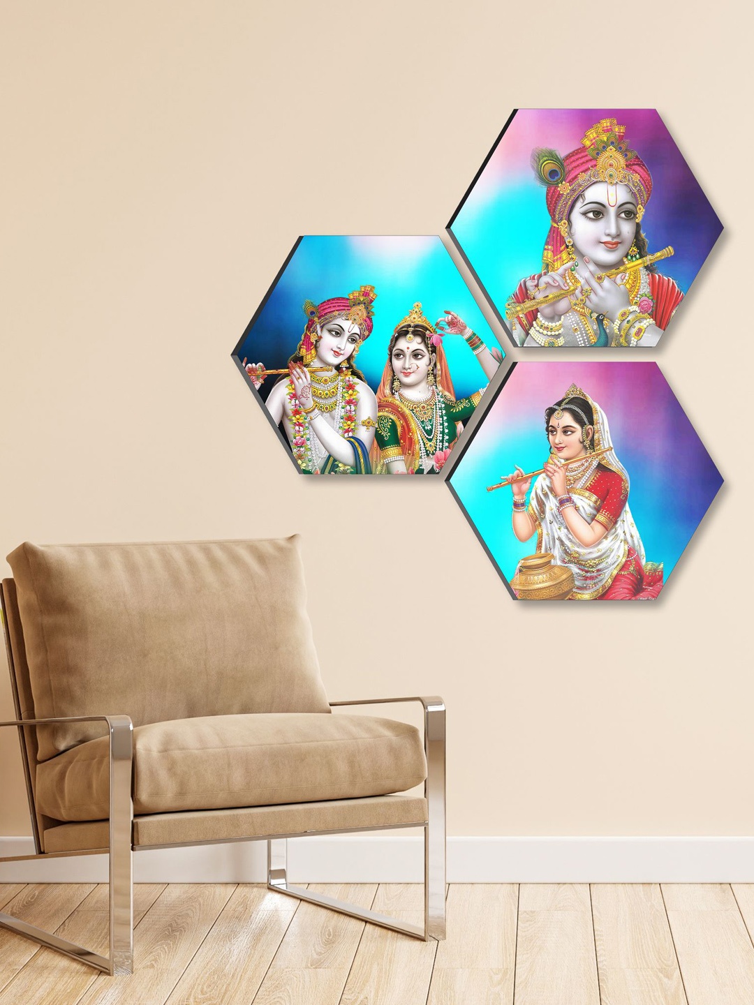 

SAF Blue & Pink 3 Pieces Radha Krishna Painting Hexagon UV Textured Wall Arts