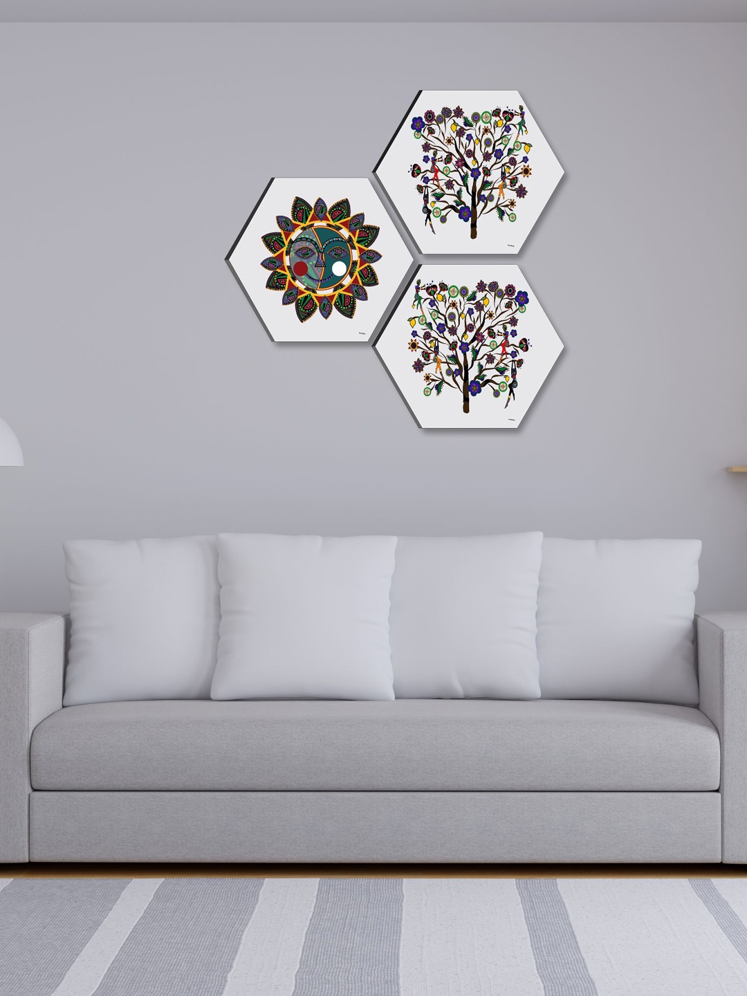 

SAF White & Green 3 Pieces Ethnic Motif Painting Hexagon UV Textured Wall Arts