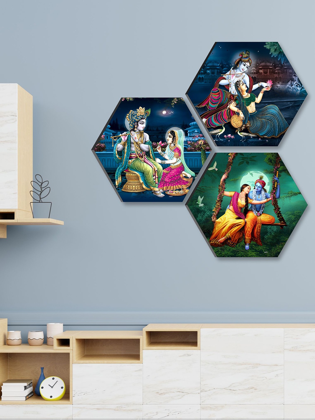 

SAF Blue & Green 3 Pieces Radha Krishna Painting Hexagon UV Textured Wall Arts