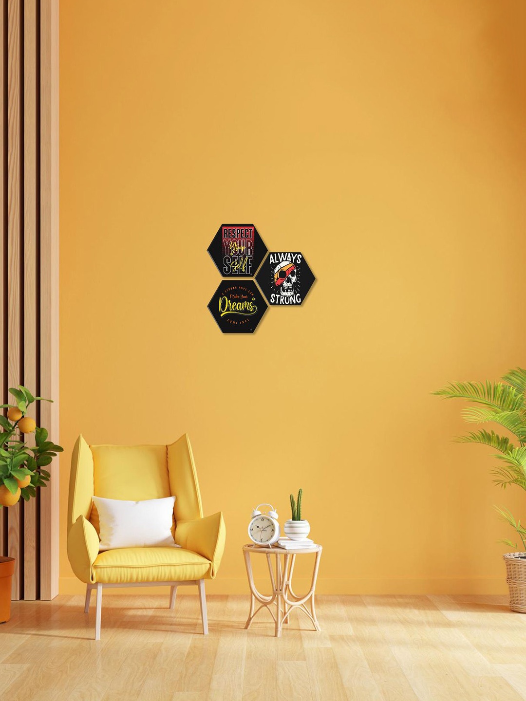 

SAF Black & Yellow 3 Pieces Motivational Quotes Painting Hexagon UV Textured Wall Arts