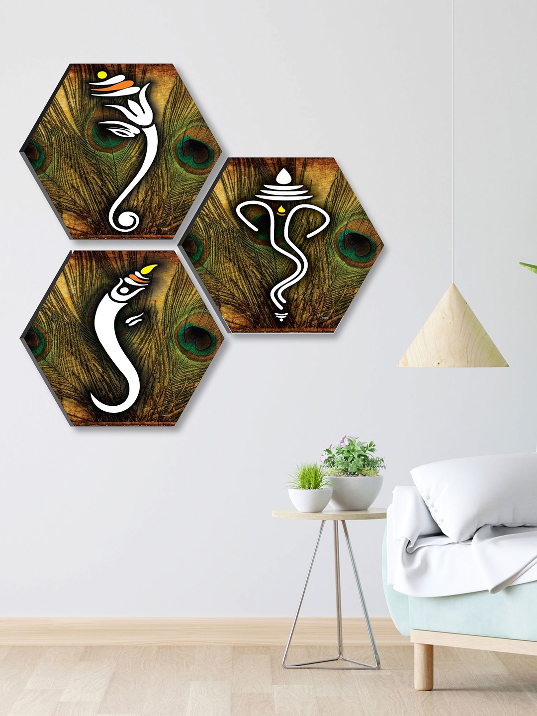 

SAF Green & White 3 Pieces Lord Ganesha Painting Hexagon UV Textured Wall Arts