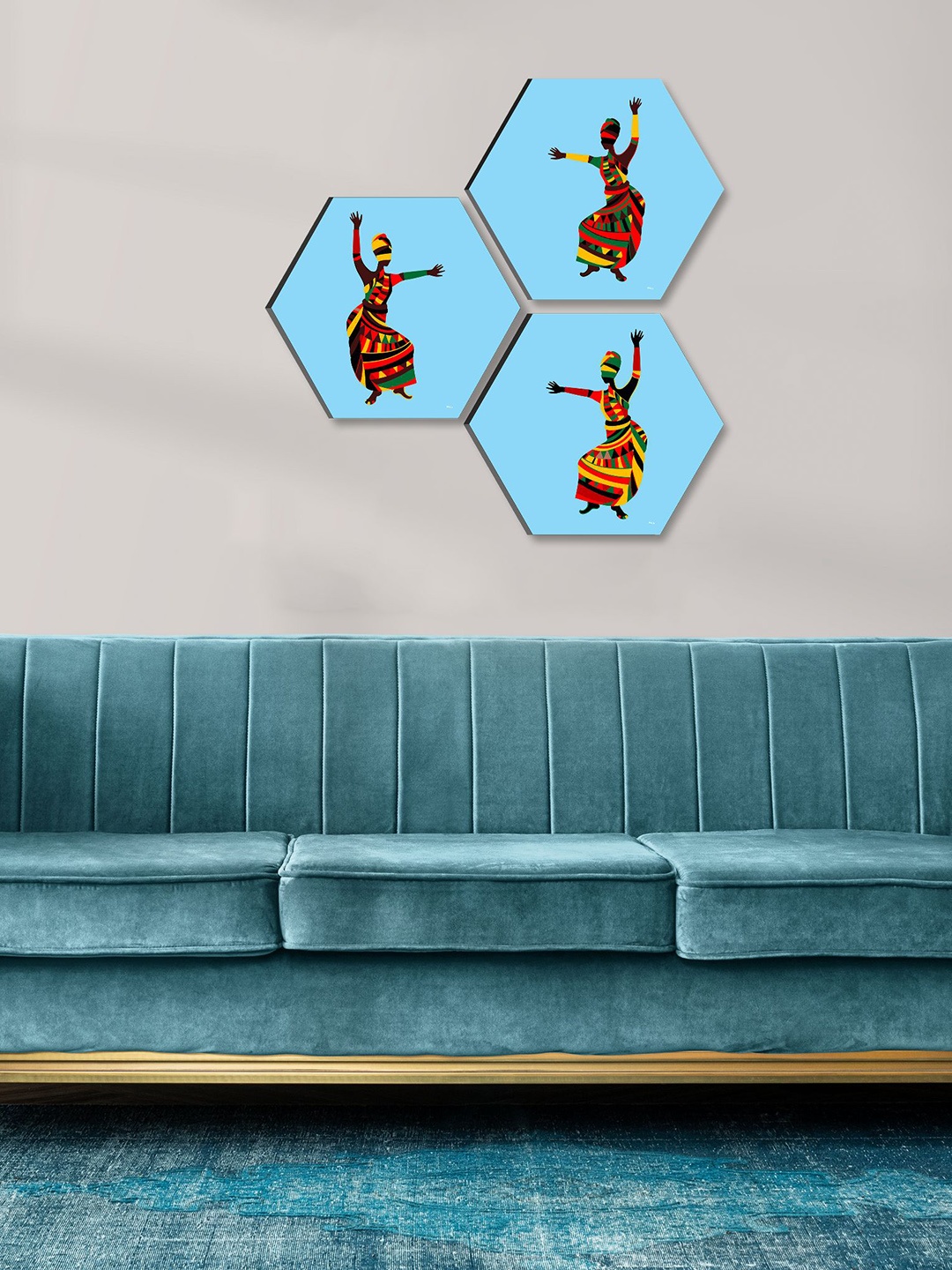 

SAF Yellow & Blue 3 Pieces Tribal Painting Hexagon UV Textured Wall Arts