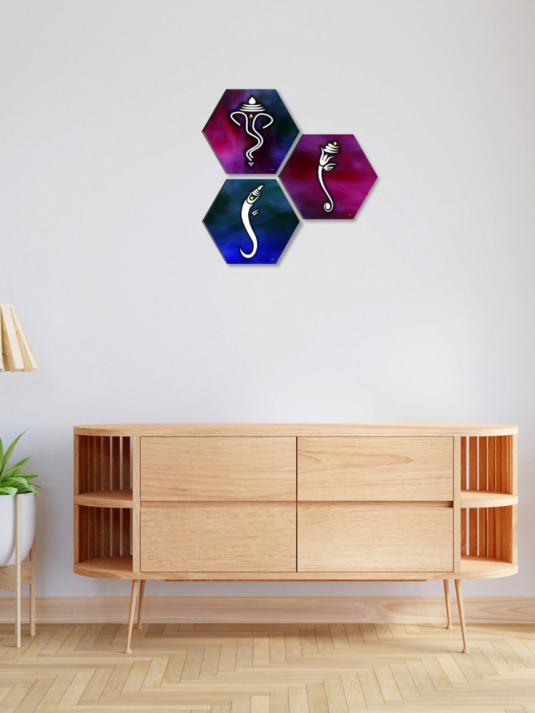 

SAF Purple & Blue 3 Pieces Lord Ganesha Painting Hexagon UV Textured Wall Arts