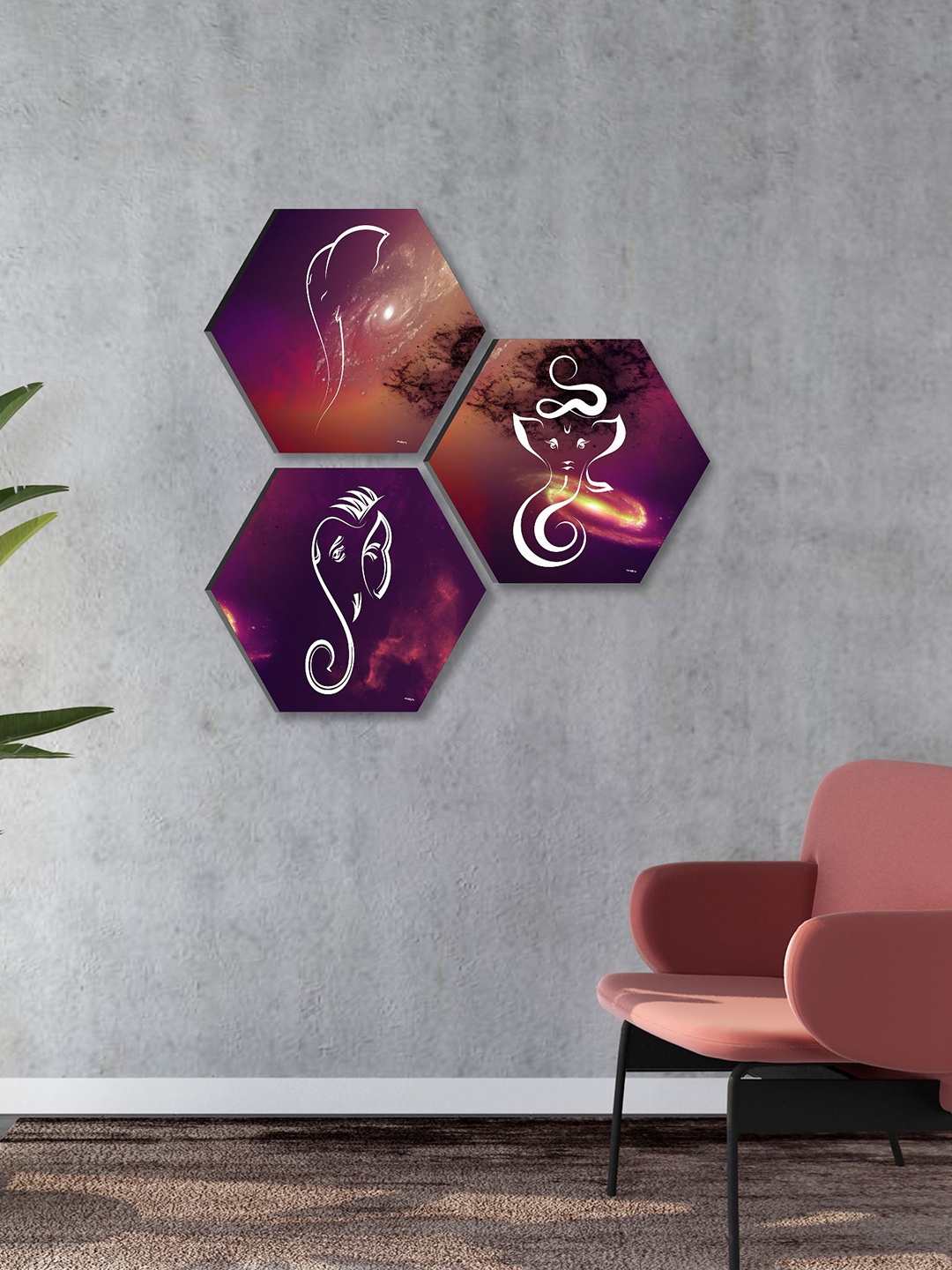 

SAF Red & White 3 Pieces Lord Ganesha Painting Hexagon UV Textured Wall Arts