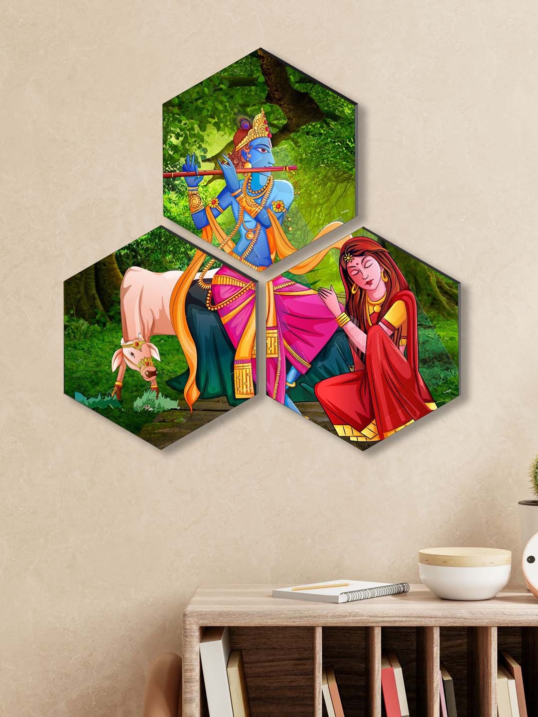 

SAF Green & Red 3 Pieces Radha Krishna Painting Hexagon UV Textured Wall Arts
